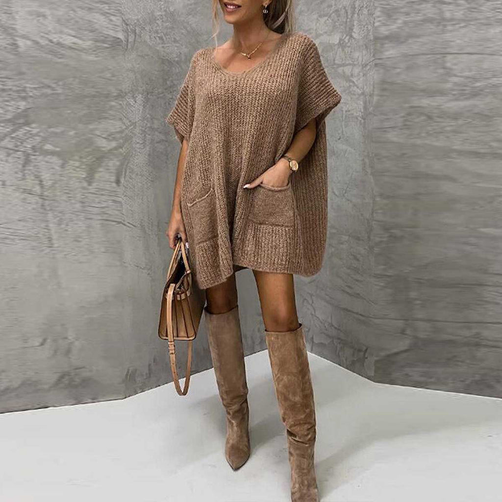 Casual Solid Pocket Short Sleeve Sweater Top