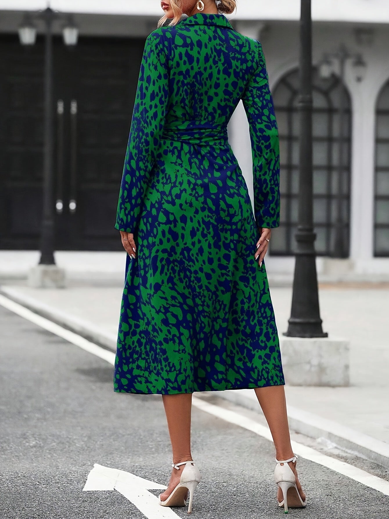 Elegant Long Sleeve Cinched Waist Allover Print Button Down Midi Dress