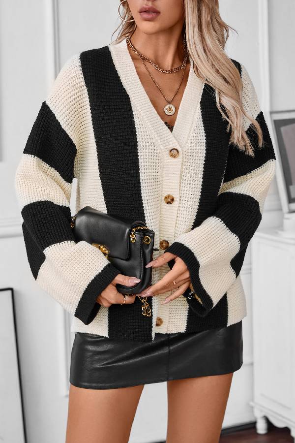 Contrast Striped Casual Loose Women's Knitted Cardigan