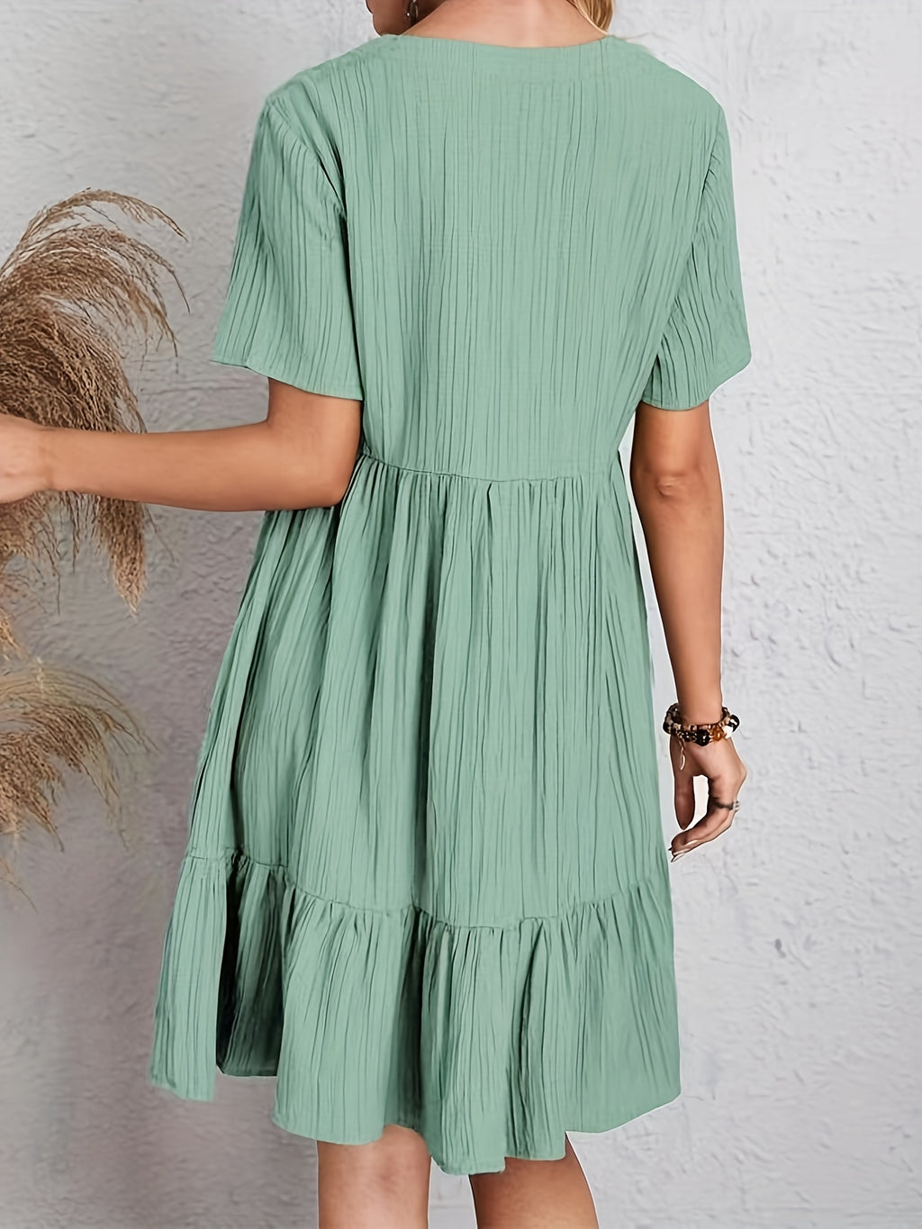 Elegant Casual Short Sleeve V-Neck Tiered Midi Dress
