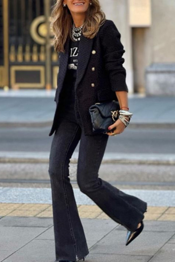 Black Lapel Buttons Tweed Blazer