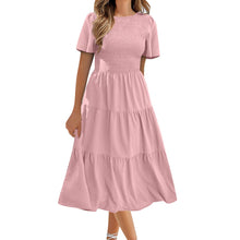 Load image into Gallery viewer, Casual Flowy Short Sleeve V Neck Ruched Elastic Waist Layered Midi Dress
