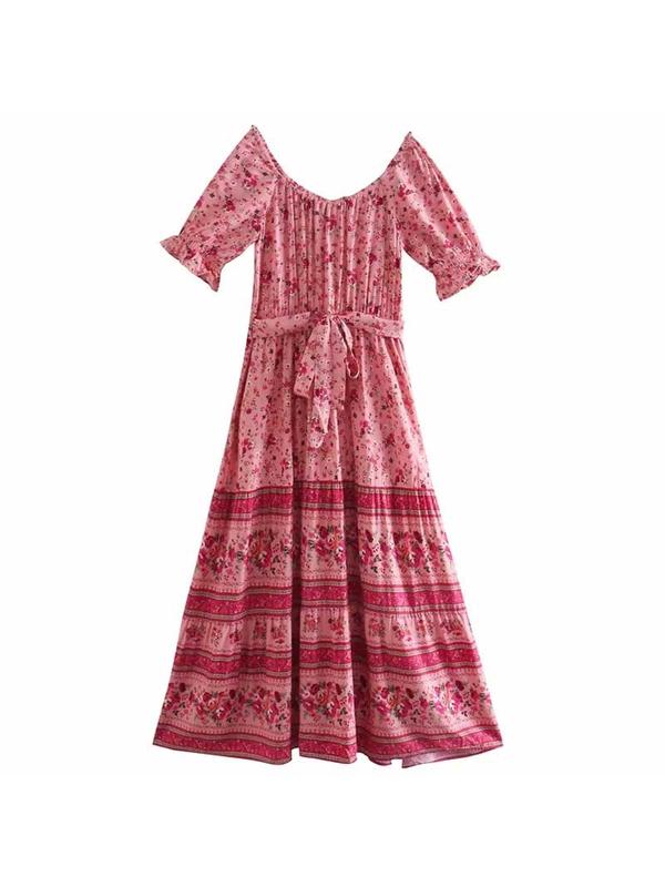 Boho Blue Floral Print Short Sleeve Maxi Dress