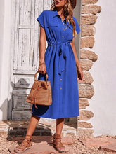 Load image into Gallery viewer, Simple Short Sleeves Collar Drawstring Waist Shirt Midi Dress
