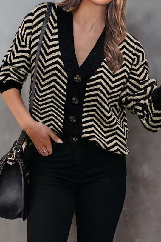 Long Sleeve V Neck Open Front Striped Knit Cardigan Sweaters