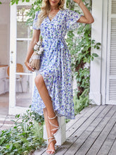 Load image into Gallery viewer, Floral V Neck Short Sleeve Ruffle Midi Dress
