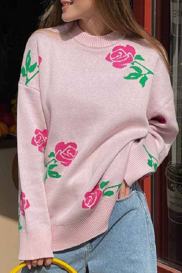 Cute Round Neck Rose Print Long Sleeves Sweater