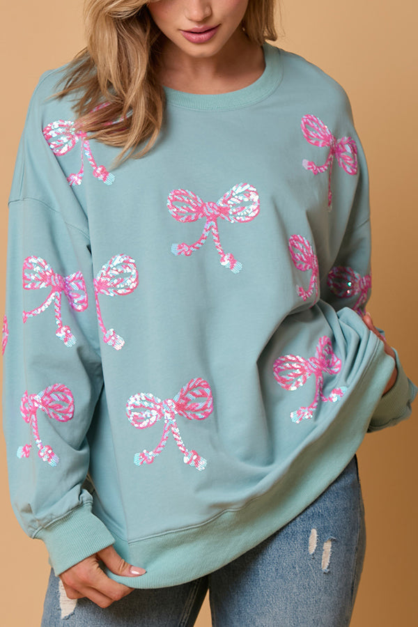 Bow Sequin Casual Loose Long Sleeve Sweatshirt