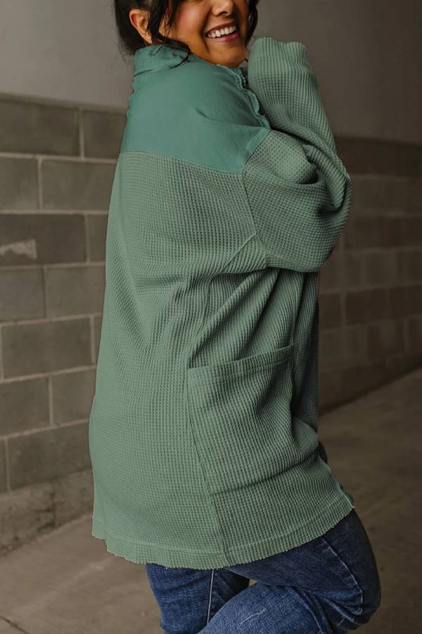 Casual Waffle Patchwork Drop Sleeve Henley Sweatshirt Top