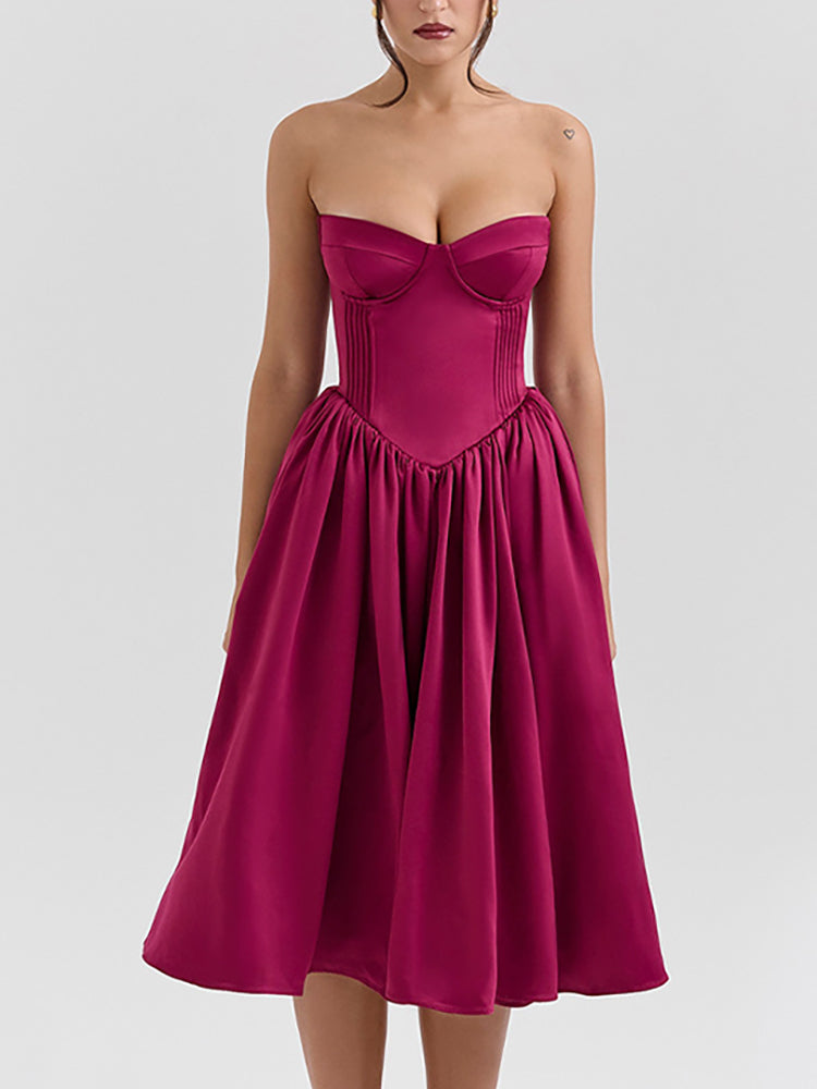 Elegant Strapless Sexy Sweetheart Neckline A-Line Fitted Waist Midi Dress