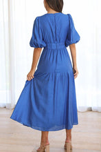 Load image into Gallery viewer, Sweet Elegant V Neck Puff Short Sleeves Tiered Midi Dress
