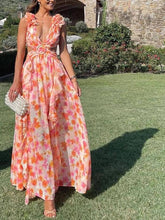 Load image into Gallery viewer, Pink Floral Deep V-neck High Split Ruffled Maxi Dress
