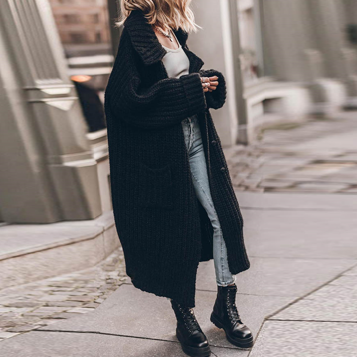 Elegant Solid Pocket Weave Turndown Collar Cardigan Outerwear