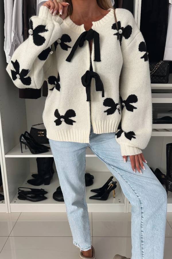 Bow Pattern Front Tie-up Long Sleeve Loose Cardigan