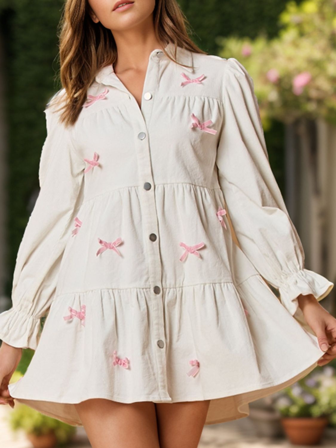 Collared Neck Flounce Sleeve Bow Mini Dress