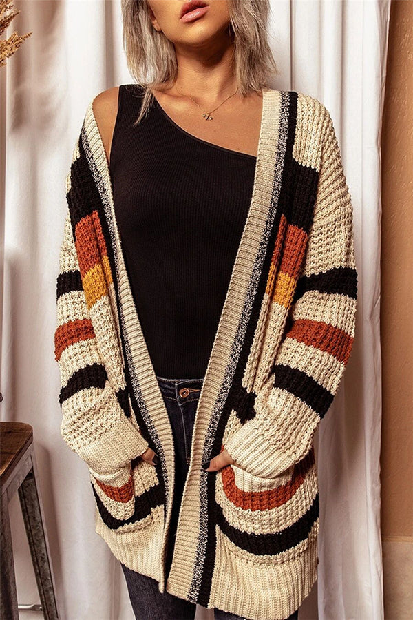 Casual Knitted Striped Printed V-neck Long-sleeved Cardigan