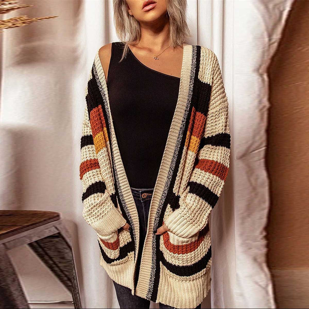 Casual Knitted Striped Printed V-neck Long-sleeved Cardigan