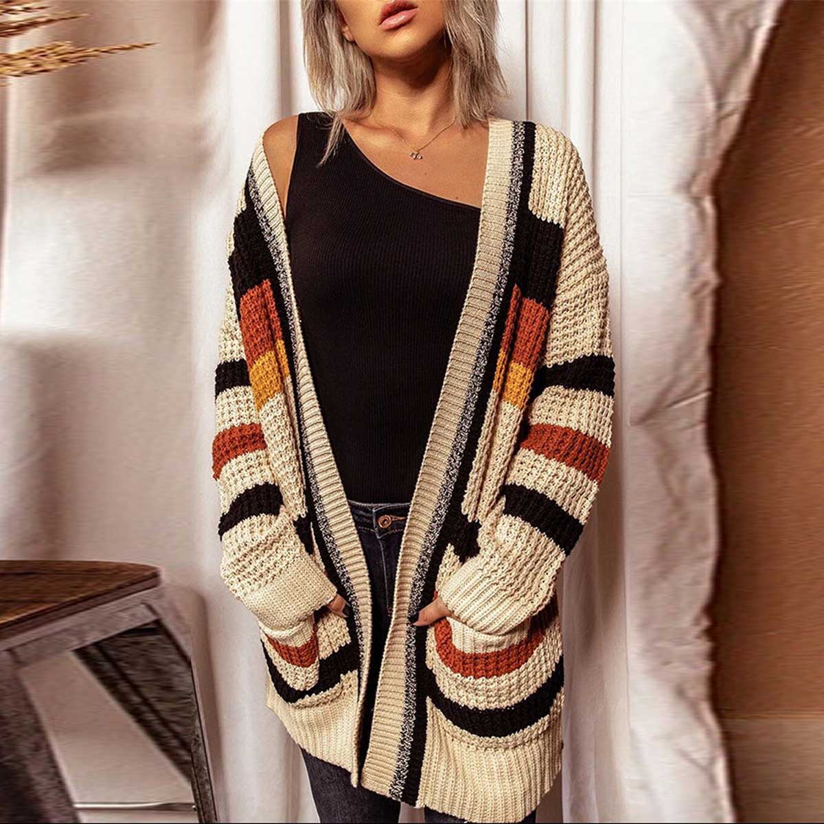 Casual Knitted Striped Printed V-neck Long-sleeved Cardigan