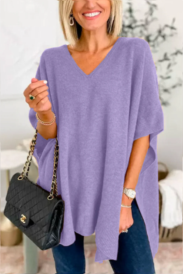 Classic V Neck Loose Fit Solid Poncho Sweater