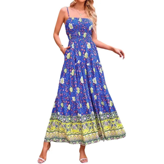 Floral Bohemian Sexy Adjustable Straps Pockets Midi Dress