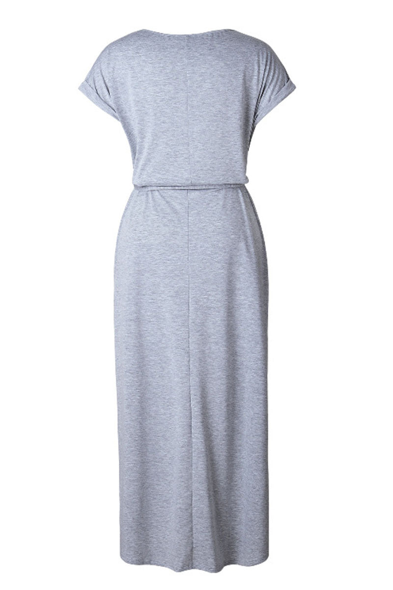 Casual Round Neck Irregular Ruched Slit Front Midi Dress