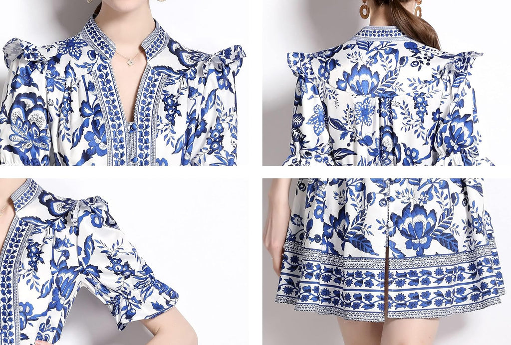 Elegant Button Up Short Puff Sleeve V-Neck Floral Print Split Casual Mini Dress