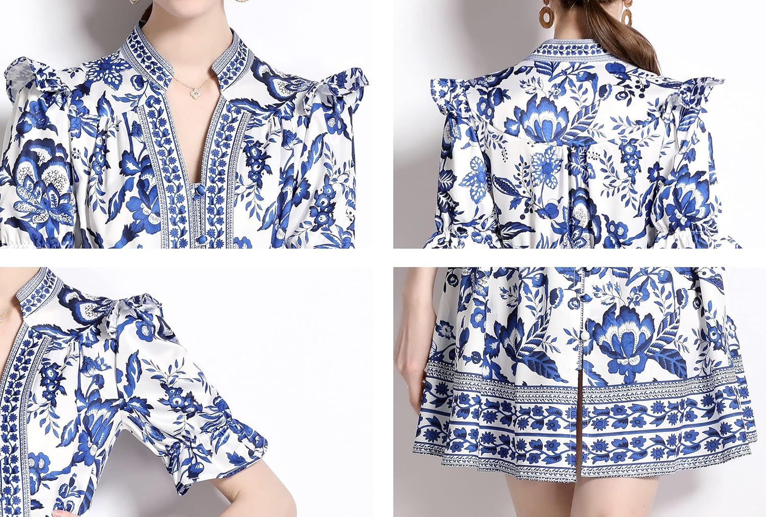 Elegant Button Up Short Puff Sleeve V-Neck Floral Print Split Casual Mini Dress