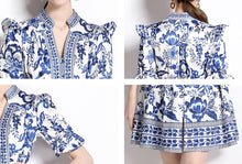 Load image into Gallery viewer, Elegant Button Up Short Puff Sleeve V-Neck Floral Print Split Casual Mini Dress
