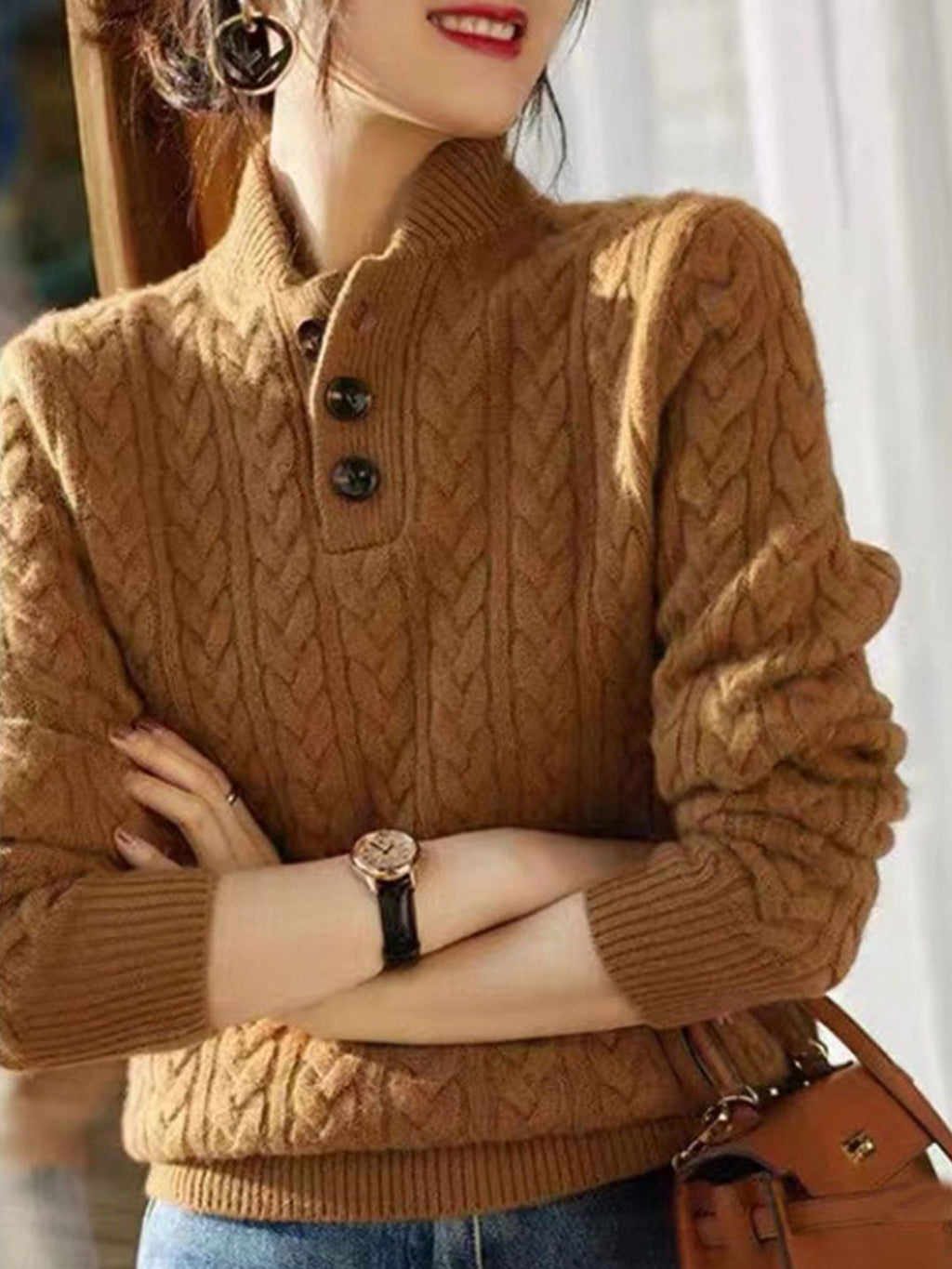 Retro Solid Color Cable Knitted Sweater