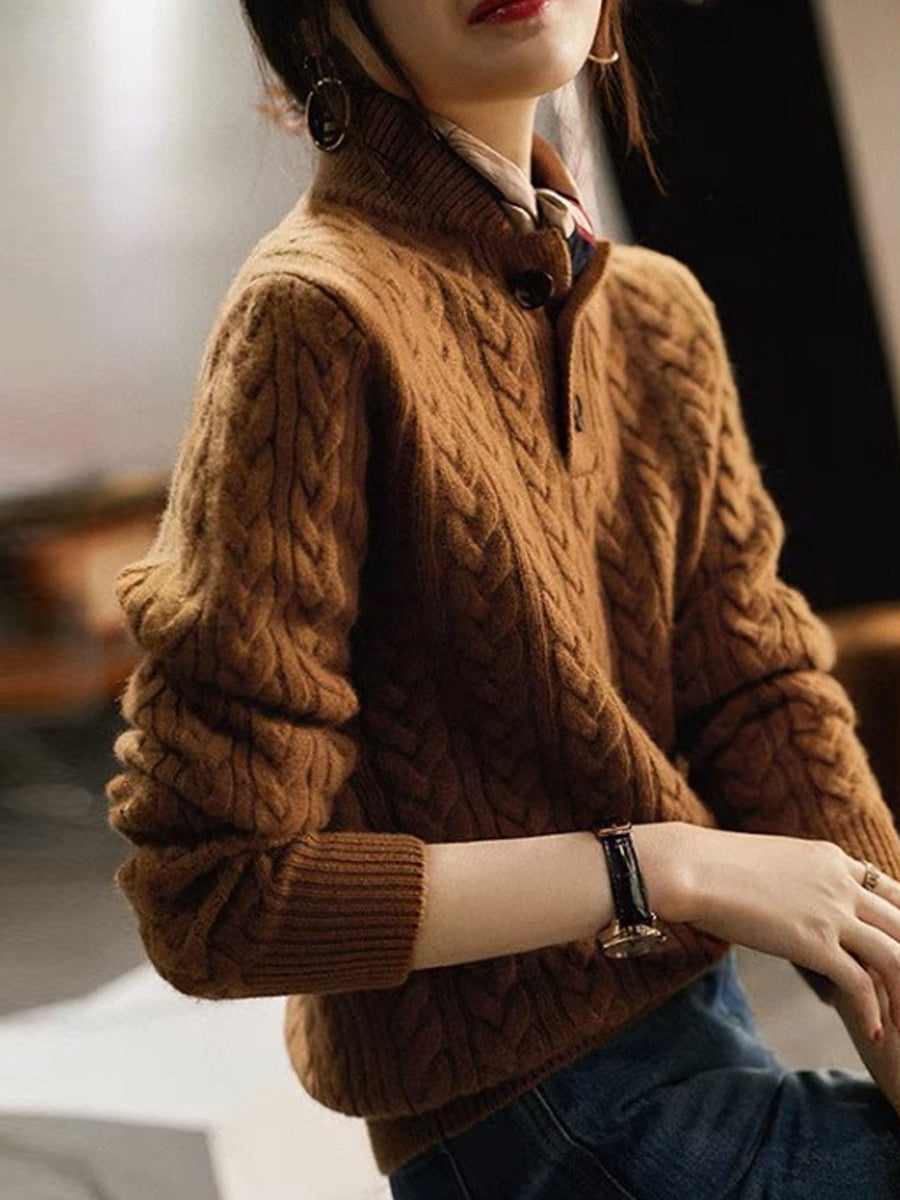 Retro Solid Color Cable Knitted Sweater