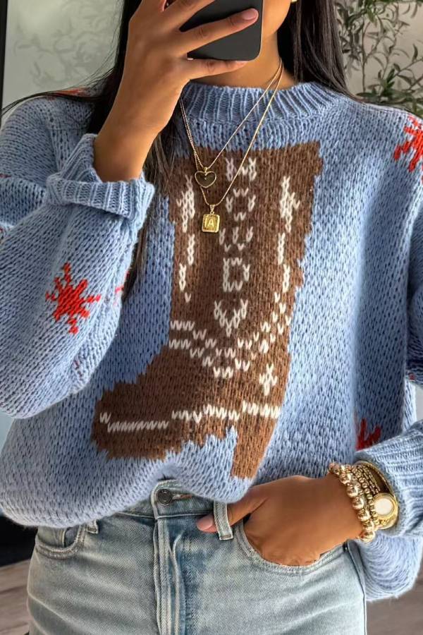 Christmas Boot Pattern Round Neck Dropped Shoulder Sweater