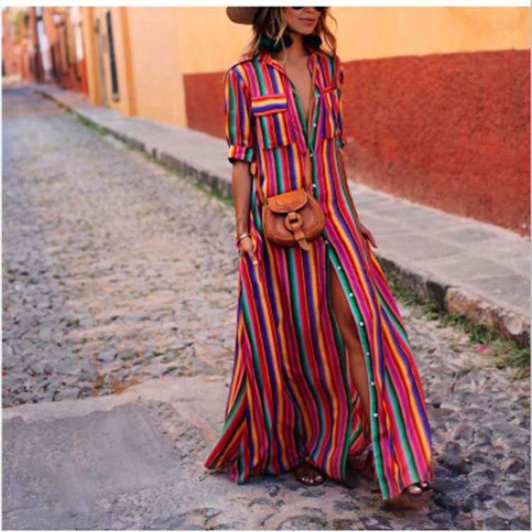 Colorful Striped Printed Short Sleeves Buttons Down Shirt Maxi Dress