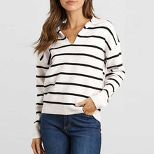 Load image into Gallery viewer, Striped Long Sleeve Polo V Neck Pullover Sweater
