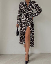 Load image into Gallery viewer, Leopard Print Long Sleeves Ruched Wrap Split Front Midi Dress
