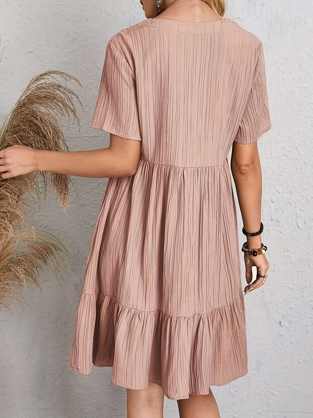 Elegant Casual Short Sleeve V-Neck Tiered Midi Dress