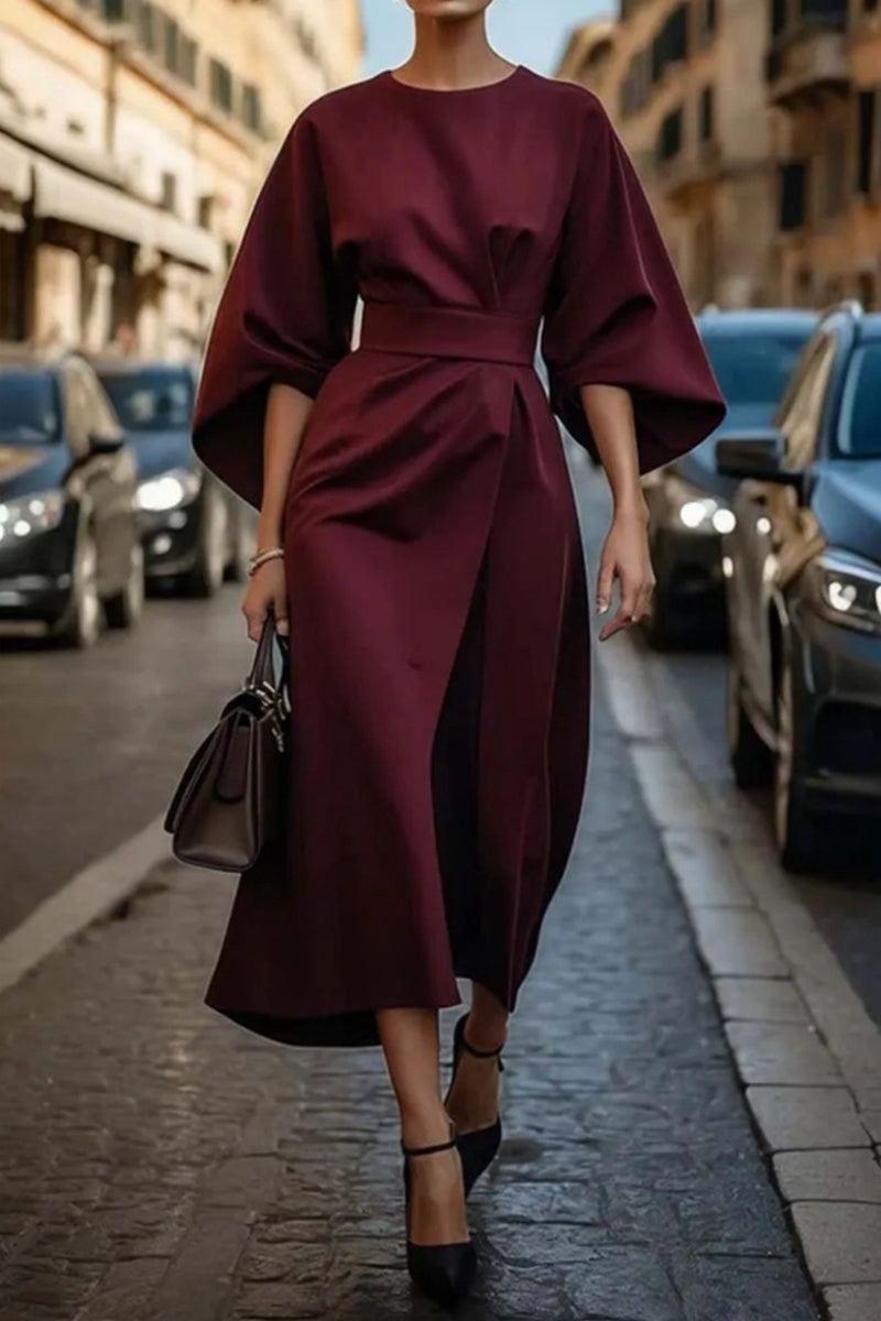 Elegant O Neck Long Sleeves Ruched Midi Dress