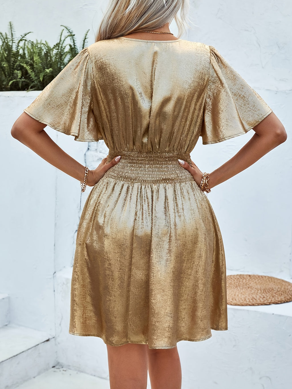 Elegant V-Neck Ruffle Sleeve Pleated Waist Mini Dress