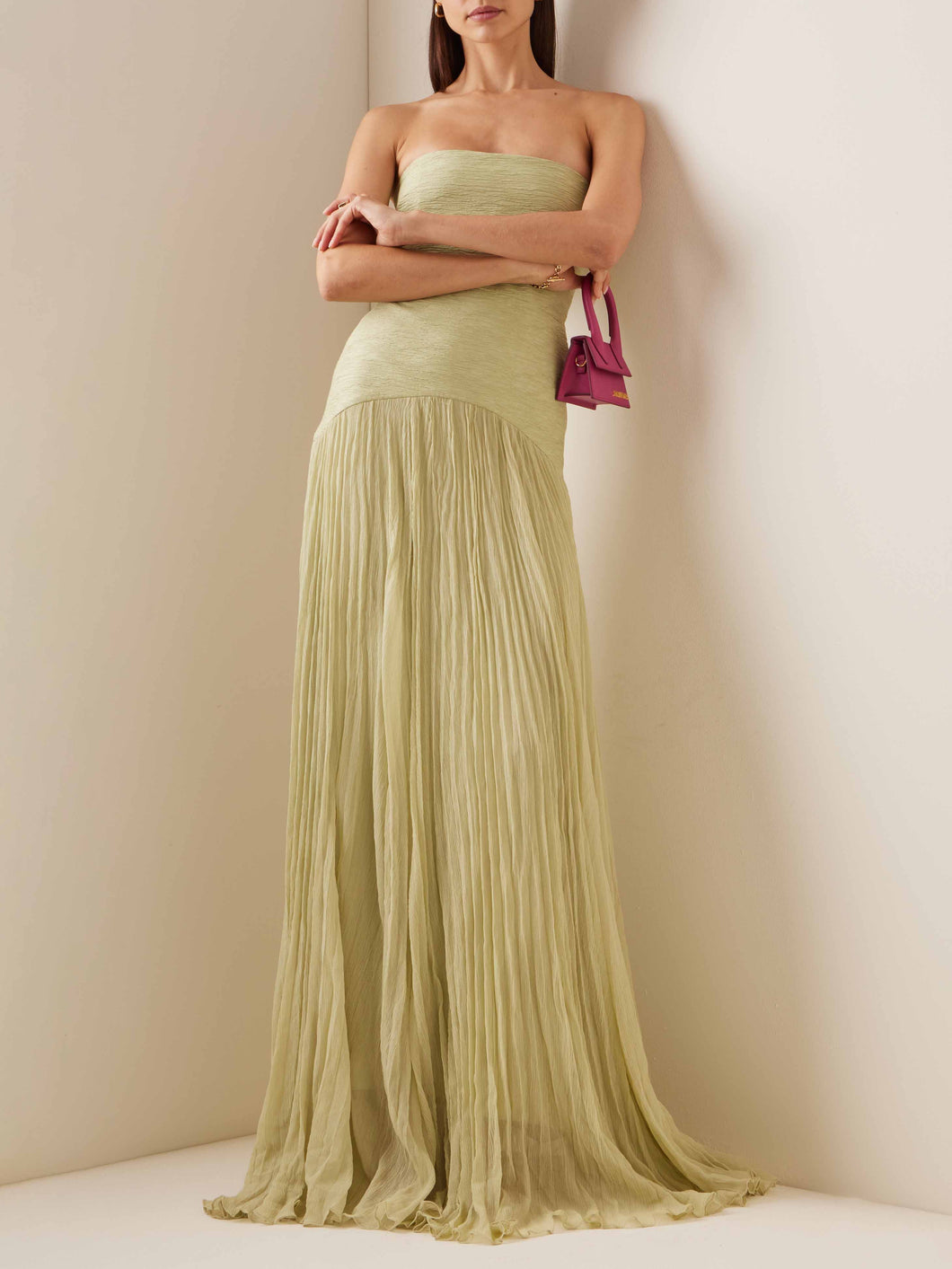 Strapless Ruched Body Drapped Waist Pleated Maxi Dress