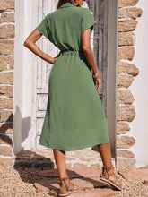Load image into Gallery viewer, Simple Short Sleeves Collar Drawstring Waist Shirt Midi Dress
