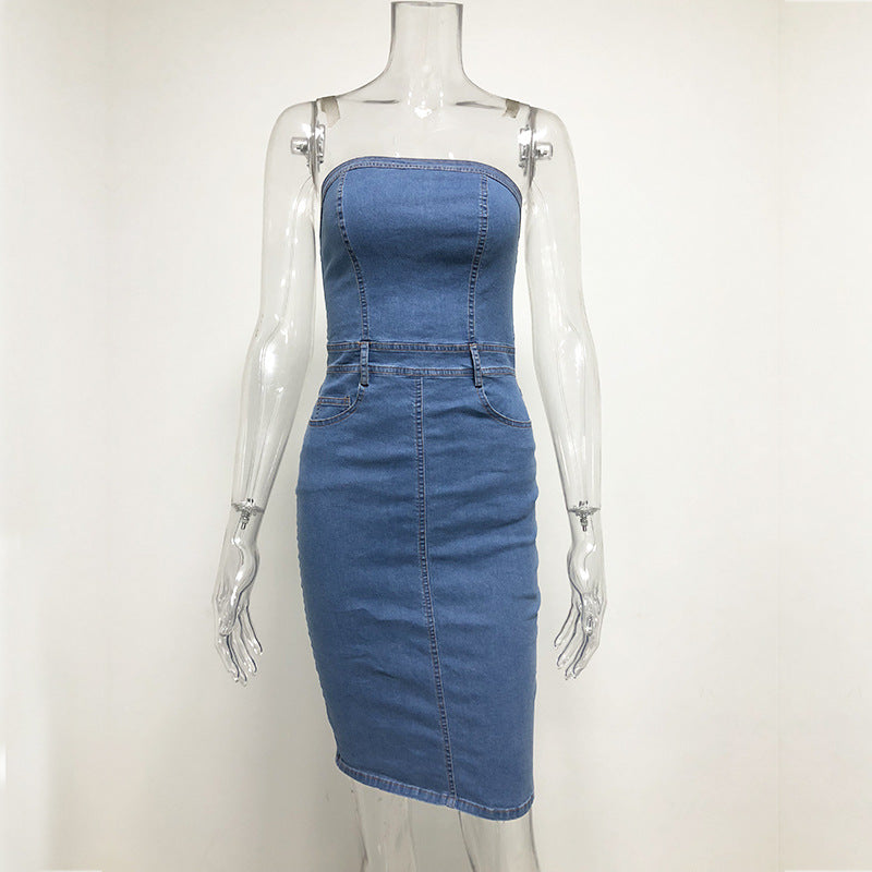Blue Strapless Zipper Back Bodycon Denim Mini Dress
