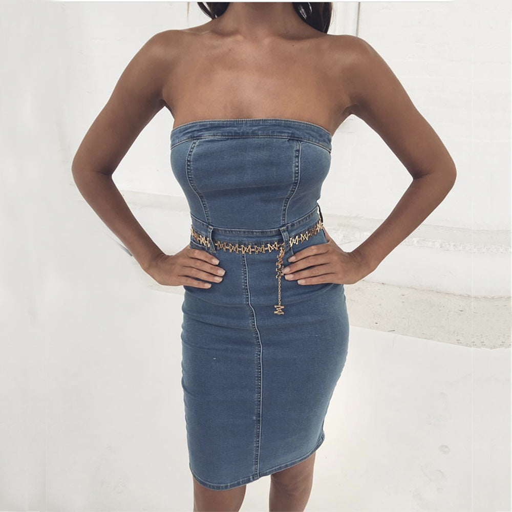 Blue Strapless Zipper Back Bodycon Denim Mini Dress