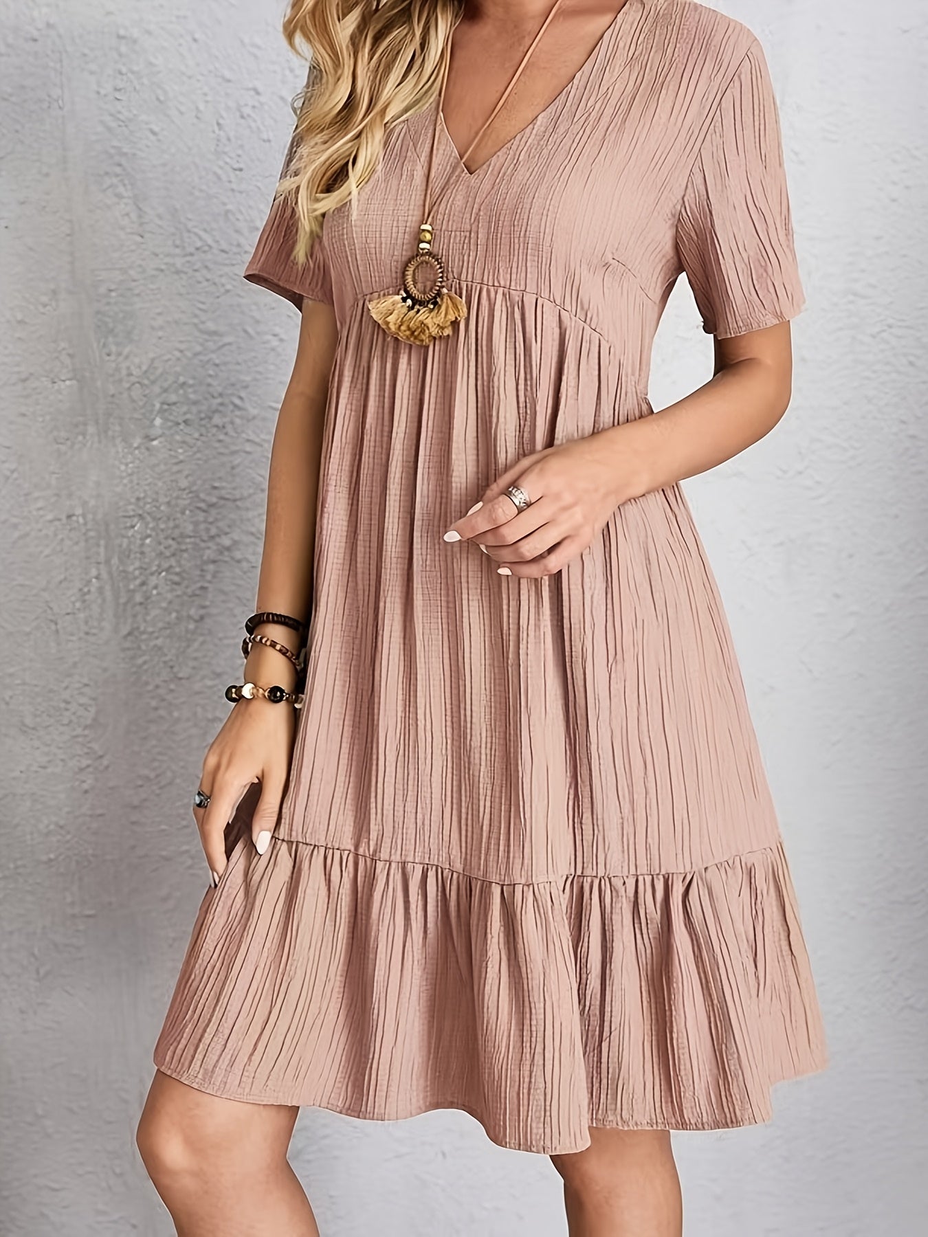 Elegant Casual Short Sleeve V-Neck Tiered Midi Dress