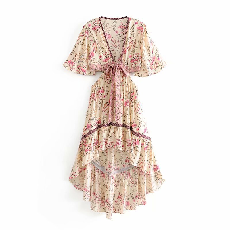 Boho Beige Floral Print High Low Dress