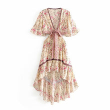 Load image into Gallery viewer, Boho Beige Floral Print High Low Dress
