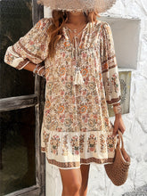 Load image into Gallery viewer, Loose Boho Long Sleeve Floral Tie Neck Mini Dress
