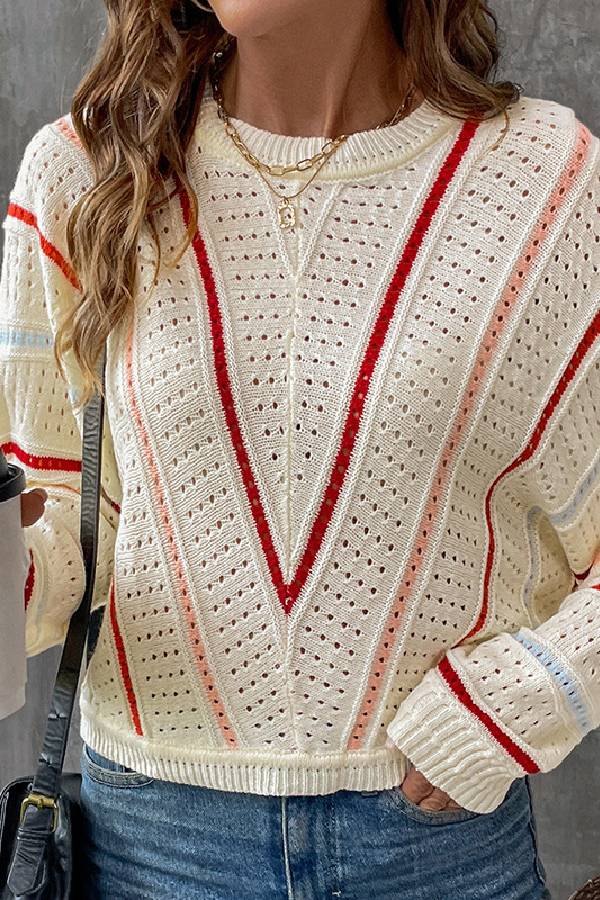 Apricot Striped Crew Neck Pullover Knit Sweater