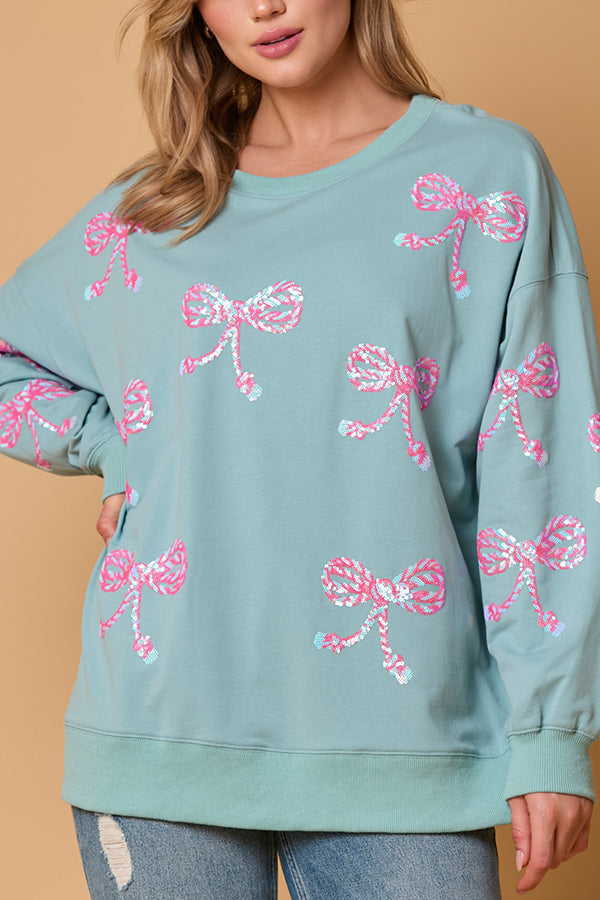 Bow Sequin Casual Loose Long Sleeve Sweatshirt