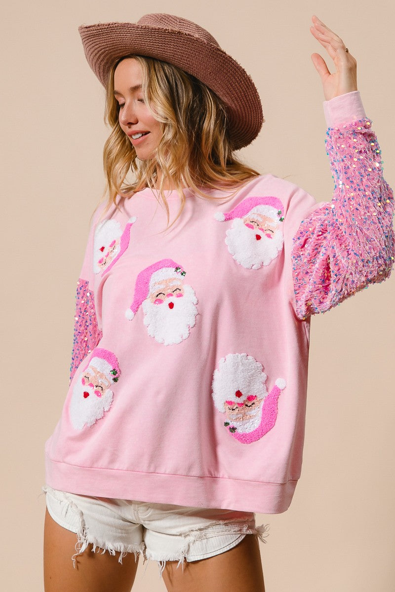 Cute Santa Christmas Sweatshirt Sequin Long Sleeve Top