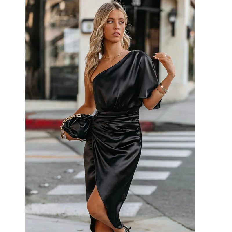 Sexy One Shoulder Irregular Pleated Party MIidi Dress