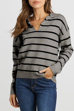 Load image into Gallery viewer, Striped Long Sleeve Polo V Neck Pullover Sweater
